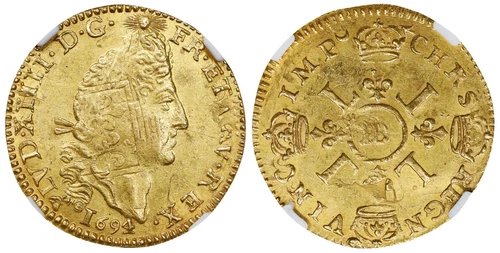 FRANCE Louis XIV. 1694-BB AV Louis d'Or. NGC AU58 Strasbourg. Fr.-433; Gad-252.