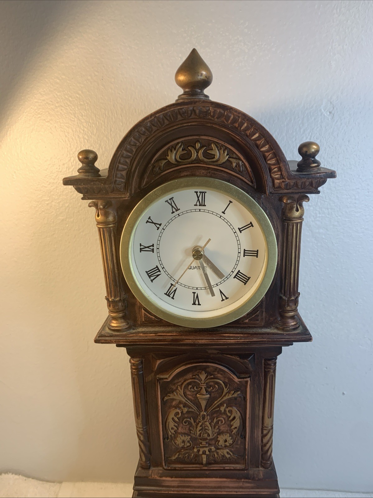 Quartz Cherry Wood Gold & Brown 1980s Grandfather Mantle or Table Clock 17.5”