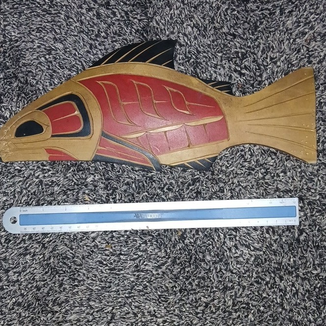 Solomon A. Charlie Handmade Wood Carved Salmon Wall Plaque Hanging 2009