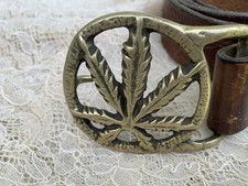 Vtg Marijuana Pot Leaf Solid Brass Belt Buckle  Leather Belt Tooled cannabis