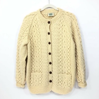 Blarney Ireland 100% Pure Wool Ivory Chunky Cable Knit Aran Cardigan Sweater L