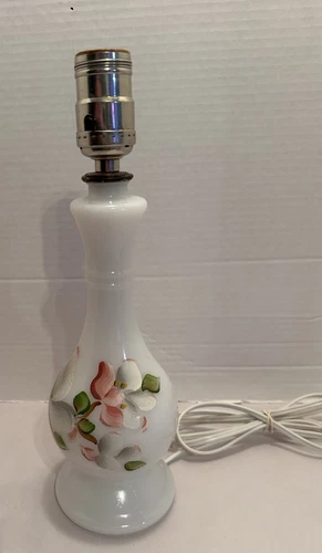 Vintage Opaline Milk Glass Floral Hand Painted Desk Lamp Boudoir Nightstand