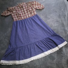 Vtg Prairie Boho Cottagecore Festival Floral Denim Lace Ruffle Size Sz 14 Farm
