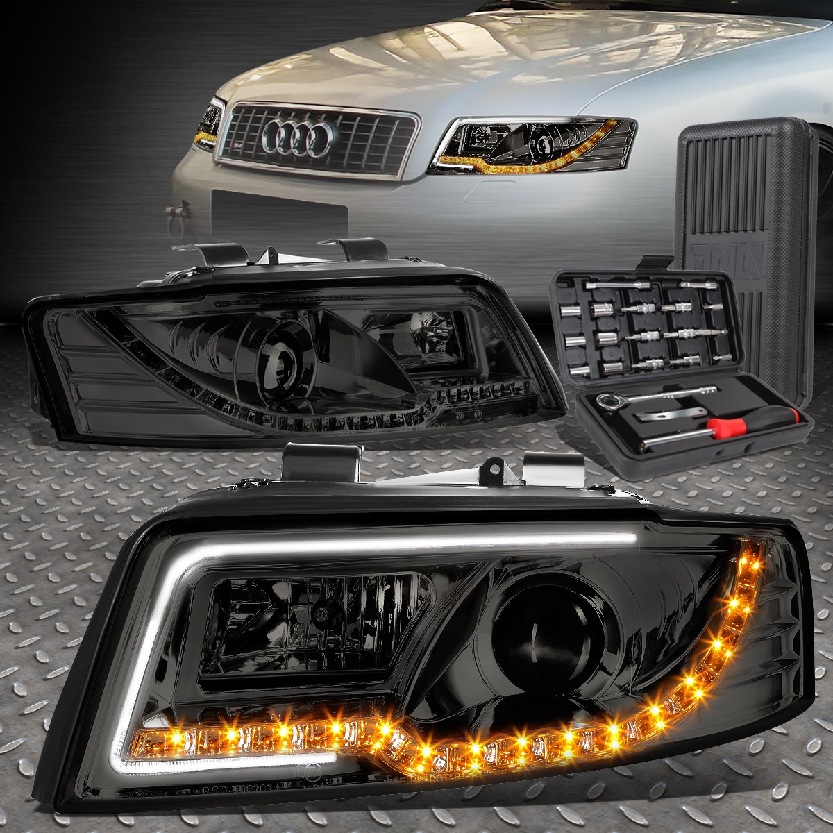FOR 02-05 AUDI A4/S4 B6 QUATTRO LED DRL SMOKED PROJECTOR HEADLIGHT