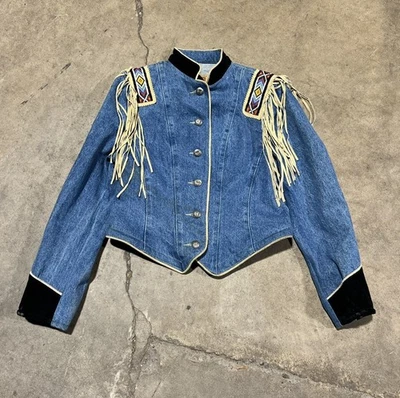 Frontier Collection Jacket Medium Blue Western Denim Beading/Fringe Trim Rodeo - Image 1 of 4