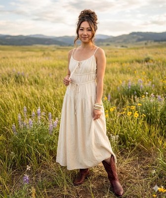 Sim & Sam Cream Lined Milkmaid Tiered Linen Blend Tie-Front Maxi Dress Size M
