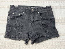 Almost Famous Cut Off Jean Shorts Women s Size 3 Mid Rise Distressed Black Denim