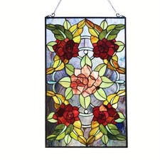 Stained Glass Tiffany Style Window Panel Rose Flower Floral Design 32"H