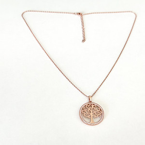 Authentic 925 Sterling Silver Rose Gold Plated Tree Of Life Clear CZ Adjustable Necklace
