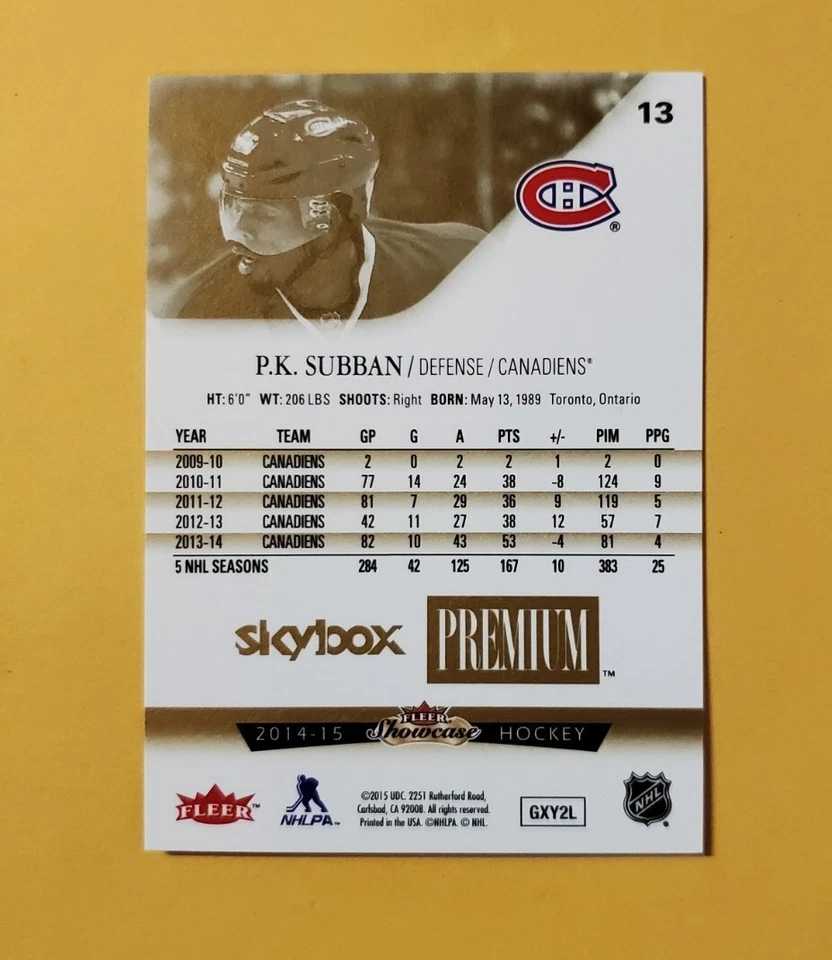 2014-15 Fleer Showcase Skybox Premium /299 P.K. Subban #13 - Image 4 of 4