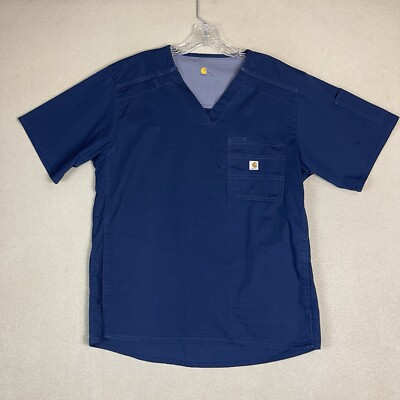 Carhartt Scrub Top Mens Medium Blue Rugged Flex Ripstop Chest Pocket Split Hem