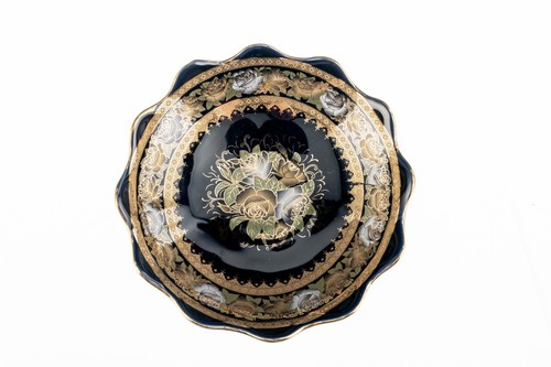 Pair of M-Z Hi-Luxe Czech Republic Kobalt 6in Footed Bowls Floral Gold Gilt Used - Picture 3 of 18