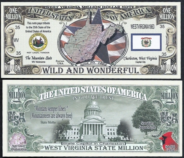 West Virginia State Million Dollar Bill Funny Money Novelty Note + FREE SLEEVE