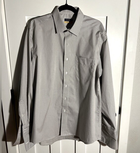 slim fit dress slacks Maxwell in Grey and White Stripe Shirt in White Collar & French Cuff 17.5 34/35