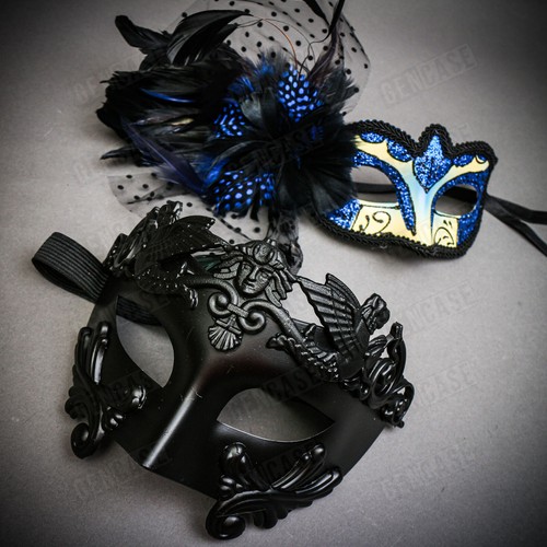 Máscara Pareja Bola Pluma Negra Pavo Real Brillo Guerrero Negro Veneciano y AZUL - Imagen 3 de 5