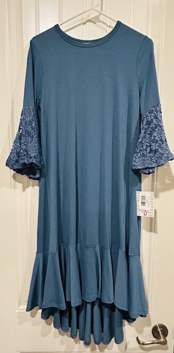 LuLaRoe Maurine Dress Blue Stretch Ruffle Hem Flare Lacy Sleeves - Main Image