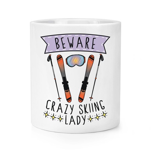 Attention Fou Ski Femme Maquillage Brosse Crayon Pot Sport Drôle Skieur Blague eBay