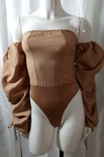 PrettyLittleThing caramel Brown Zip Back Bodysuit Sz 0 UK4 Balloon Wide Sleeve