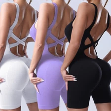 Womens Workout Jumpsuit Sexy Romper Seamless One Piece Ribbed Bodysuits with Bra