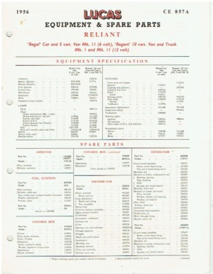 RELIANT REGENT 10 cwt VAN TRUCK & REGAL Mk2 CAR VAN 1956 LUCAS PARTS CATALOGUE