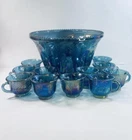 Vintage Indiana Glass Iridescent Blue Harvest Carnival Glass Punch Bowl Set 11 C