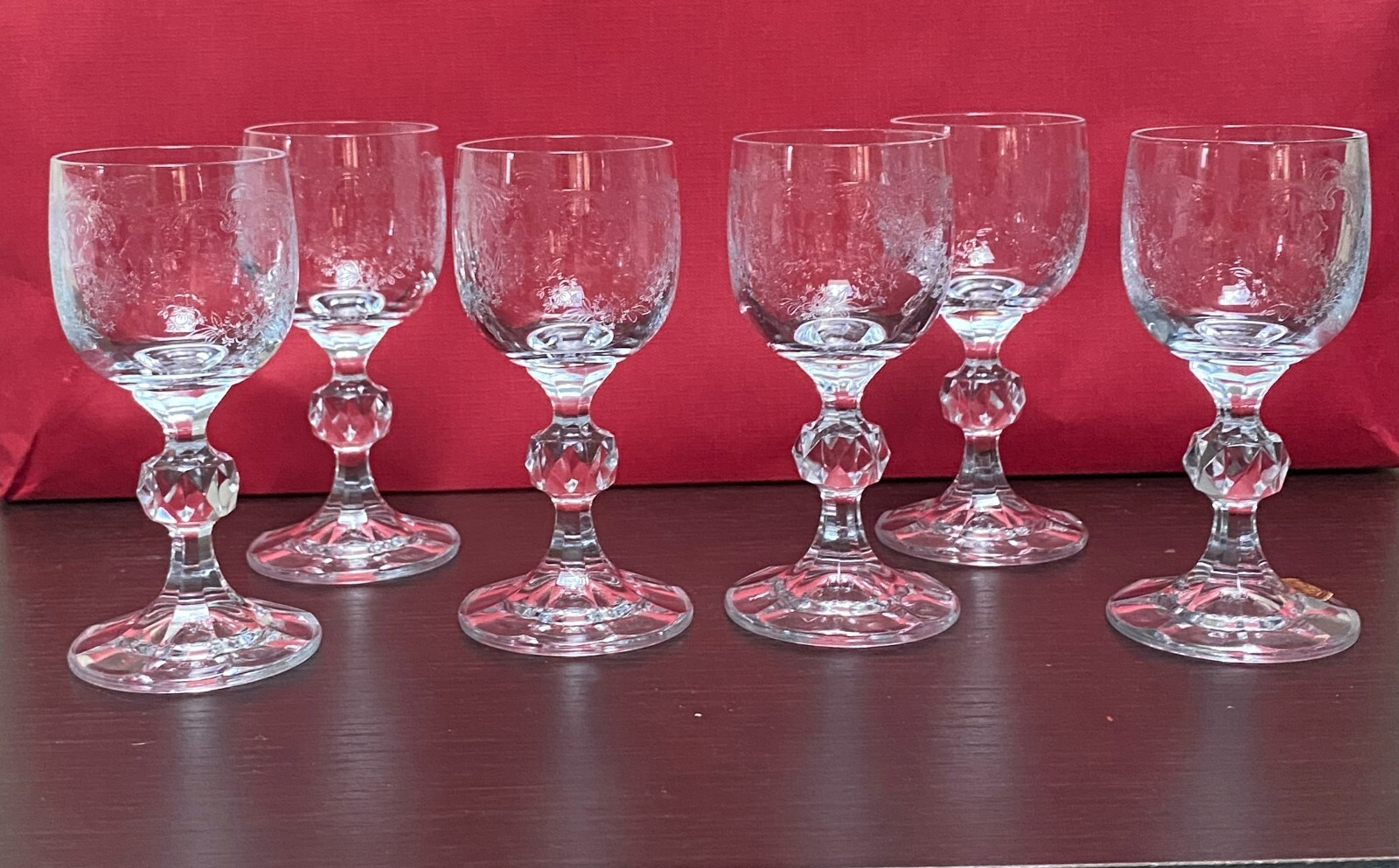 Vintage Bohemia Crystal Czech Etched Cordial Glasses Ball Stem set of 6