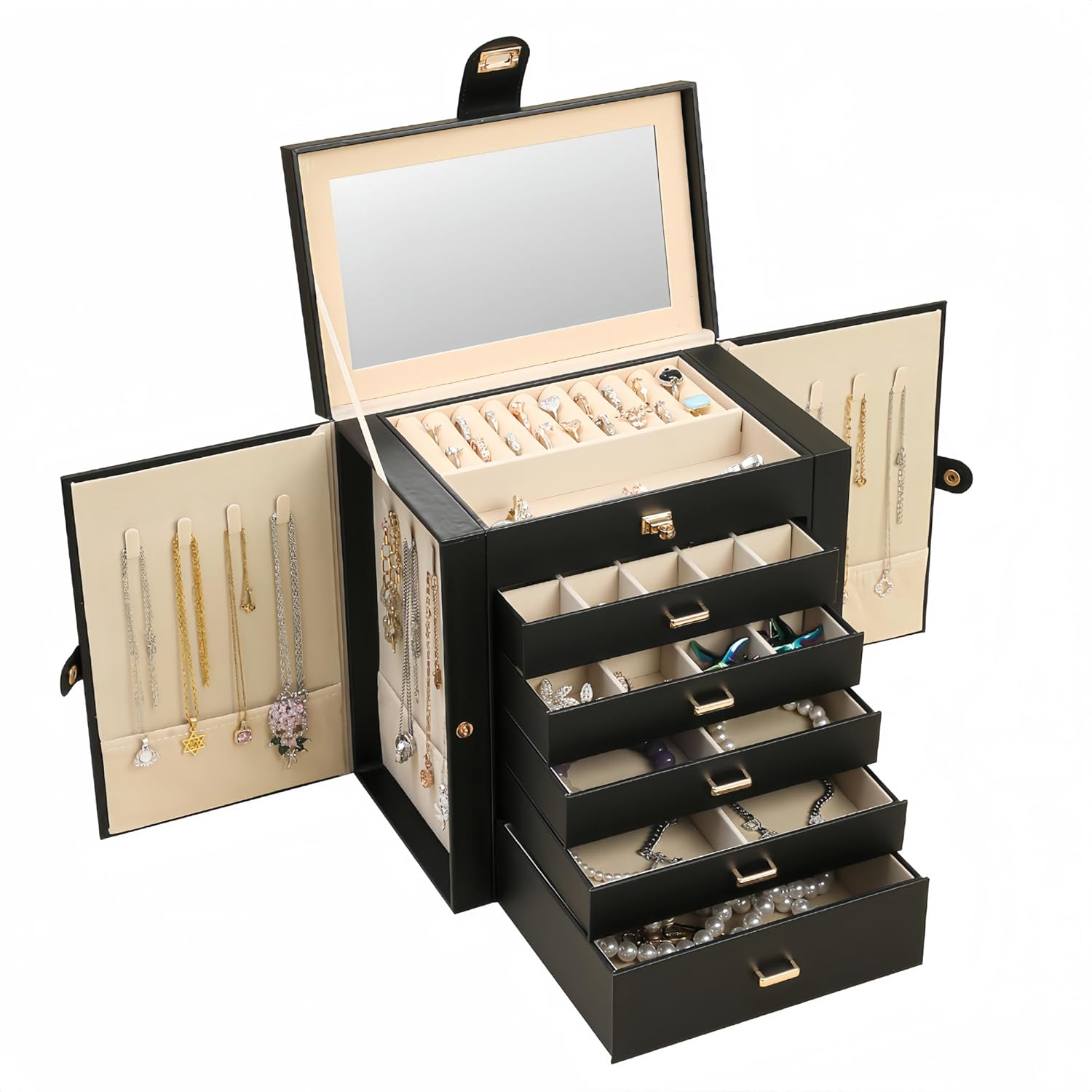 Large 6-Layer Jewelry Storage Box with Mirror and 5 Drawers for Women-image