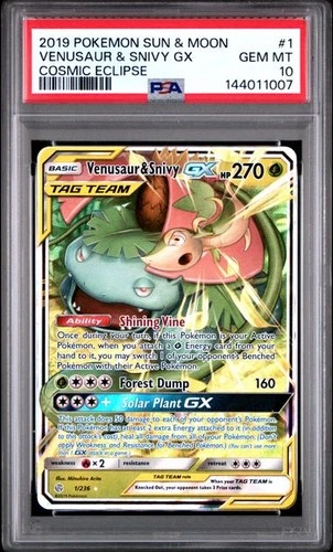 2019 Pokemon S&M Cosmic Eclipse #1 Venusaur & Snivy GX PSA 10 GEM MINT