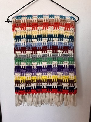 Handmade Crochet Afghan Blanket 66  X 49  Multicolor Crown Cat Stitch Fringed EC