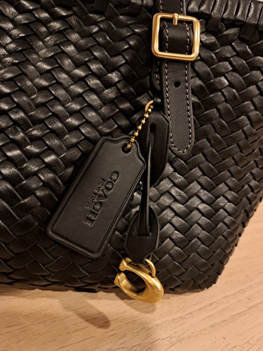 New Authentic Coach Woven Black Leather Swing Tote Shoulder Bag
