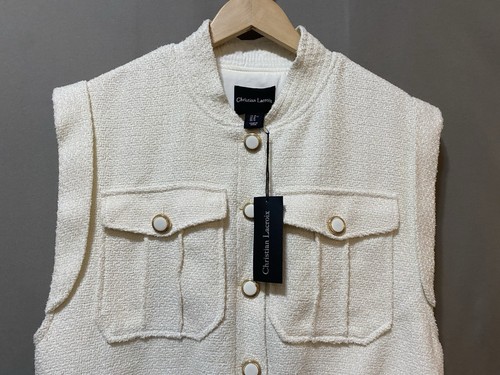 NUEVO CON ETIQUETAS Christian Lacroix Mujeres Cuello Botón Forrado Metálico Tweed Chaleco Talla M Crema - Imagen 2 de 16