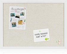 Farmhouse Linen Cork Bulletin Board 48 x 32, White Wood Framed 4 x 3 Corkboard