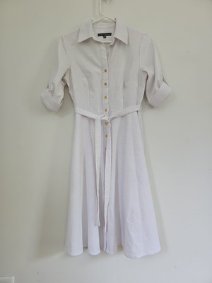 Sharagano White Button Shirt Dress Petite 8P Collar Roll-tab Sleeve Tie Belt