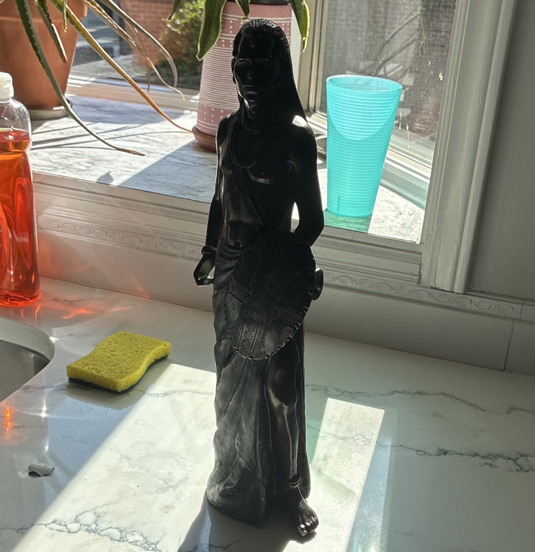 Black Metal Woman Figurine Holding Basket, 3D Effect, Metallic Finish