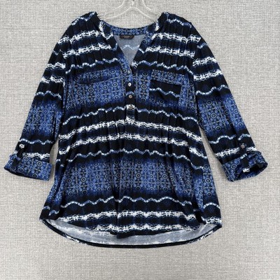 Cocomo Woman Blouse Womens L Blue Tunic Roll Tab Sleeve Pleated Pockets