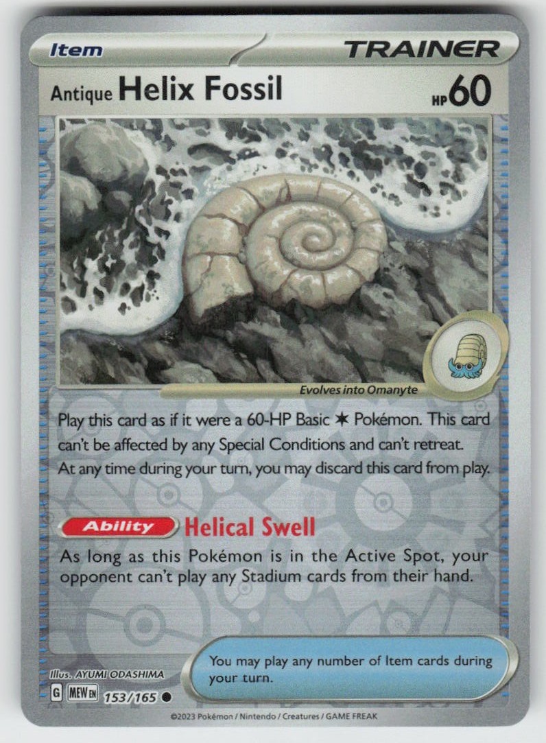 Antique Helix Fossil 153/165 Common 151 Pokemon Reverse Holo Near Mint