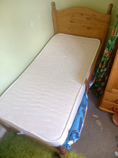 Wood Single Bed Frame with Slats, Headboard & Footboard, Brown, Mattress