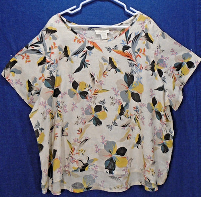 Cynthia Rowley Tropical Floral on Cream 100% Linen Short Sleeve Tunic Top 2XL