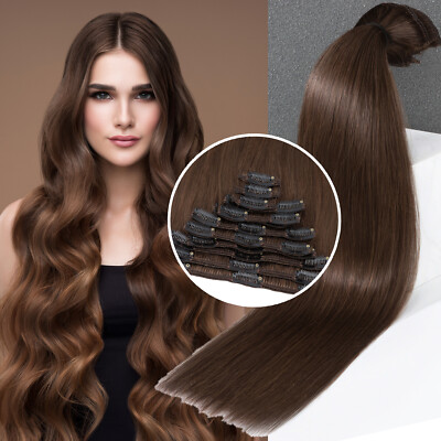 Double Drawn THICK Clip in Remy Human Hair Extensions Brown Weft Full Head 8pcs