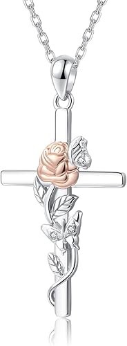 925 Sterling Silver Rose Flower Cross Pendant Necklace Jewelry Gift for Women - Picture 1 of 4