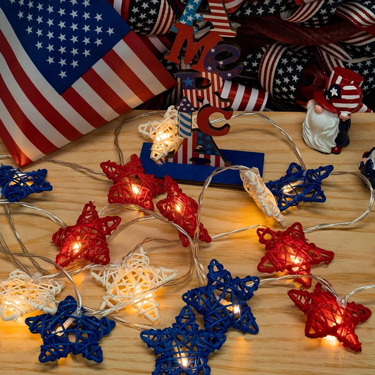 20 LED Star String Lights 6.5 Red White Blue Independence Day Decorations