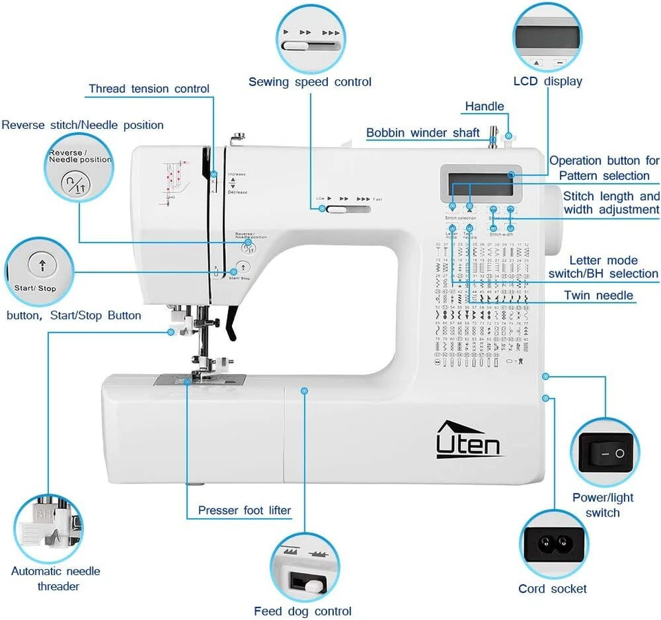 Elektronik Nähmaschine Freiarm Computernähmaschine mit 200 Nähprogrammen Uten - Bild 2 von 4