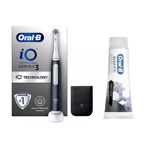 Oral-B iO3 Electric Toothbrush Black & Charger Pouch With Charcoal Toothpaste