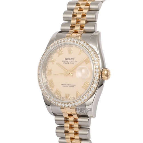 Rolex Datejust 116233 18k Gold & Steel 36mm Watch-Ivory Roman Dial-Diamond Bezel - Picture 3 of 6