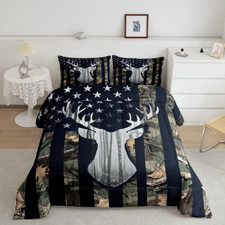 Camo American Flag Kids Comforter Sets Full Size,Deer Antlers Army Green Camoufl