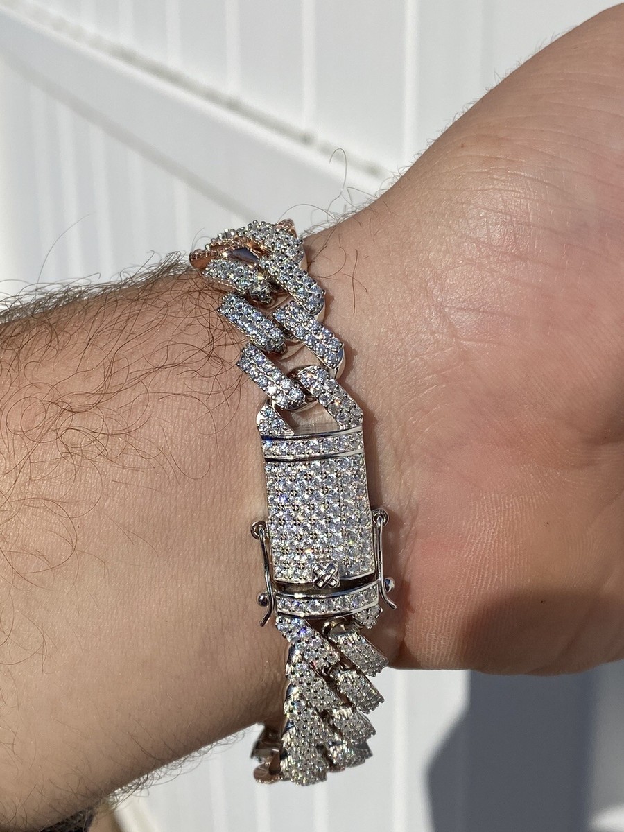 Mens Solid 925 Silver & Rose Gold Plated Baguette Cuban Gucci Link