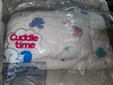 VTG '00 Cuddle Time Convertible Zip Quilted Quilt Blanket Pastel Bears Dog Bunny