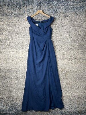 After Six Blue Evening Gown High Slit Crepe Off Shoulder Crossover V-Neck Sz 2 R