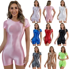 Womens Glossy One Piece Swimsuit Short Sleeve Stretch Jumpsuit Beach Swimwear