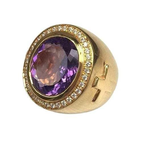 Huge Natural Amethyst 925 Silver 14K Yellow Gold Bishop Ring Christian Costume - Image 2 of 4